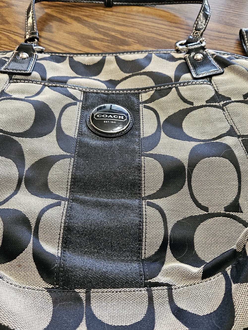 Coach Beige and Black Signature C Logo Shoulder Bag